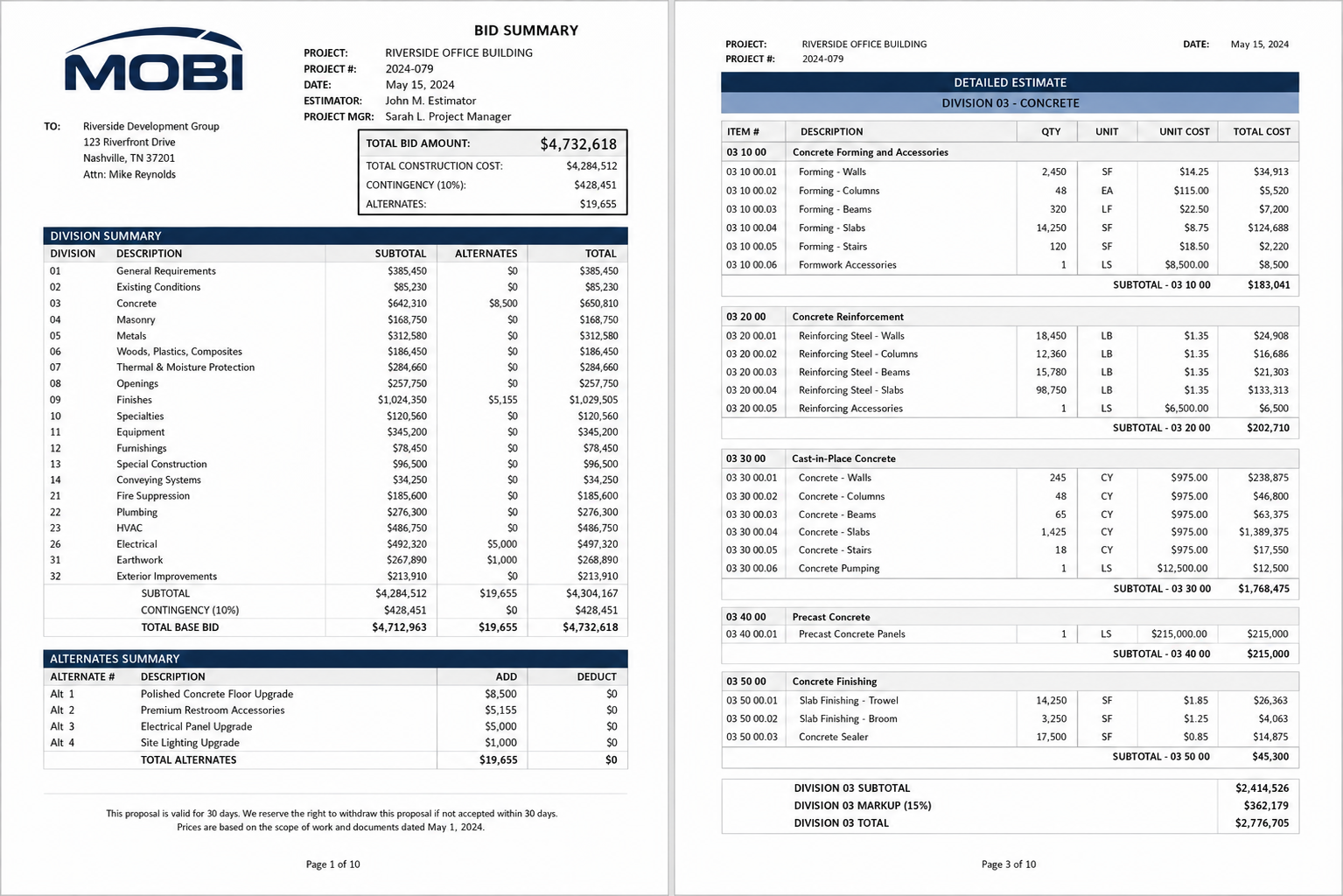 Sample Mobi Estimates construction bid: a branded bid summary with a division-by-division cost breakdown, alongside a detailed Division 03 concrete estimate